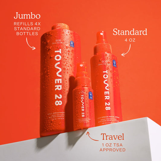 Tower 28 SOS Daily Rescue Facial Spray - Hypochlorous Acid Spray to Help Reduce Redness, Calm Irritation + Alleviate Flare-Ups - Purifying Face Toner Duo - Full + Travel Size Skin Care Spray (2 Count)
