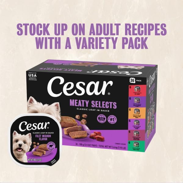 Cesar Classic Loaf in Sauce Wet Dog Food, Meaty Selects, 3.5 oz, 24 Count | Made in USA, Real beef or chicken #1 ingredient, no fillers or artificial flavors, slow-cooked, easy peel trays