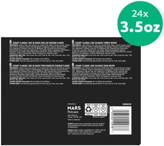 Cesar Classic Loaf in Sauce Wet Dog Food, Meaty Selects, 3.5 oz, 24 Count | Made in USA, Real beef or chicken #1 ingredient, no fillers or artificial flavors, slow-cooked, easy peel trays