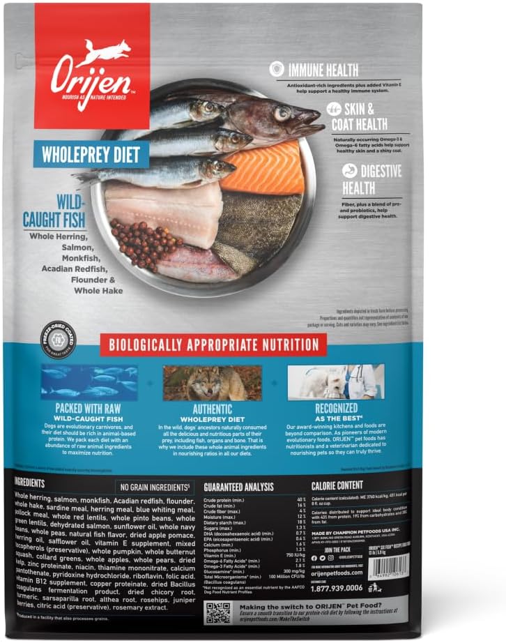 ORIJEN Grain Free WHOLEPREY Dry Dog Food Original Recipe 4.5lb. Bag | WHOLEPREY Ingredients, Grain Free, Made in the USA, Skin & Coat, Global Quality Ingredients