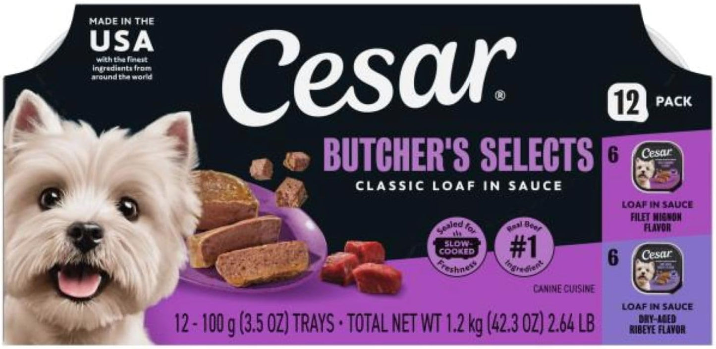 Cesar Classic Loaf in Sauce Wet Dog Food, Meaty Selects, 3.5 oz, 24 Count | Made in USA, Real beef or chicken #1 ingredient, no fillers or artificial flavors, slow-cooked, easy peel trays