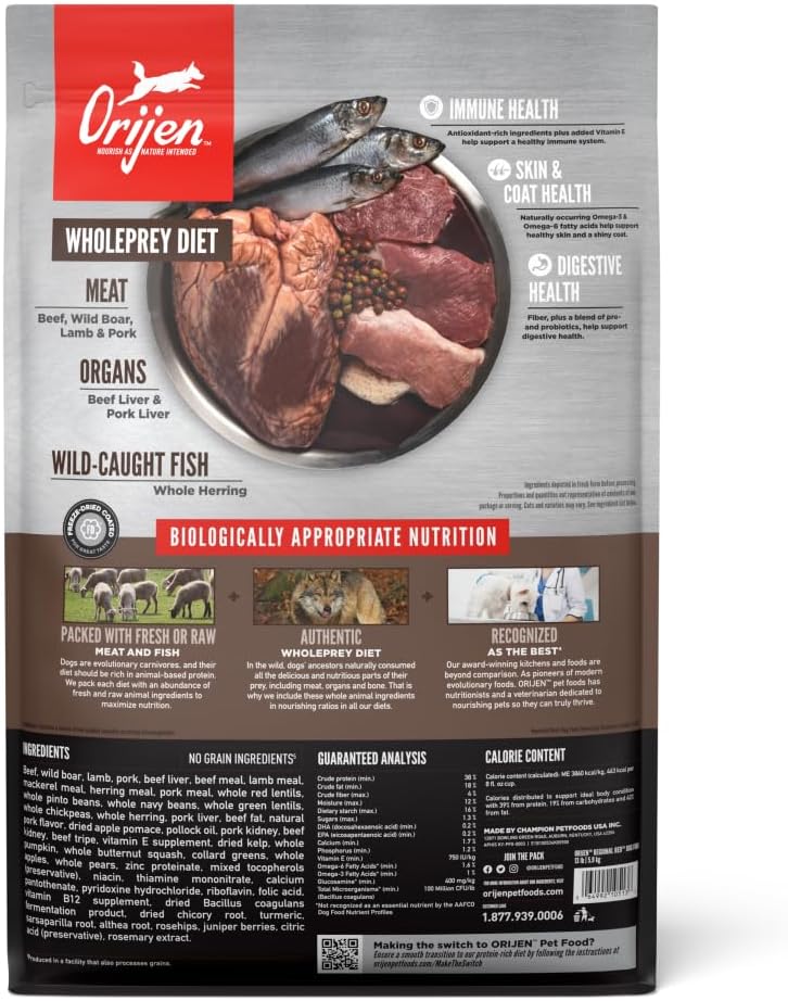 ORIJEN Grain Free WHOLEPREY Dry Dog Food Original Recipe 4.5lb. Bag | WHOLEPREY Ingredients, Grain Free, Made in the USA, Skin & Coat, Global Quality Ingredients