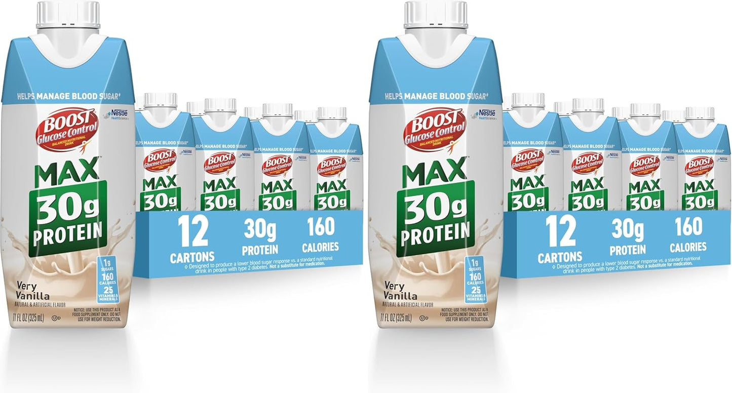 BOOST Glucose Control Max 30g Protein Nutritional Drink, Very Vanilla, 11 Fl Oz (Pack of 12), Packaging May Vary