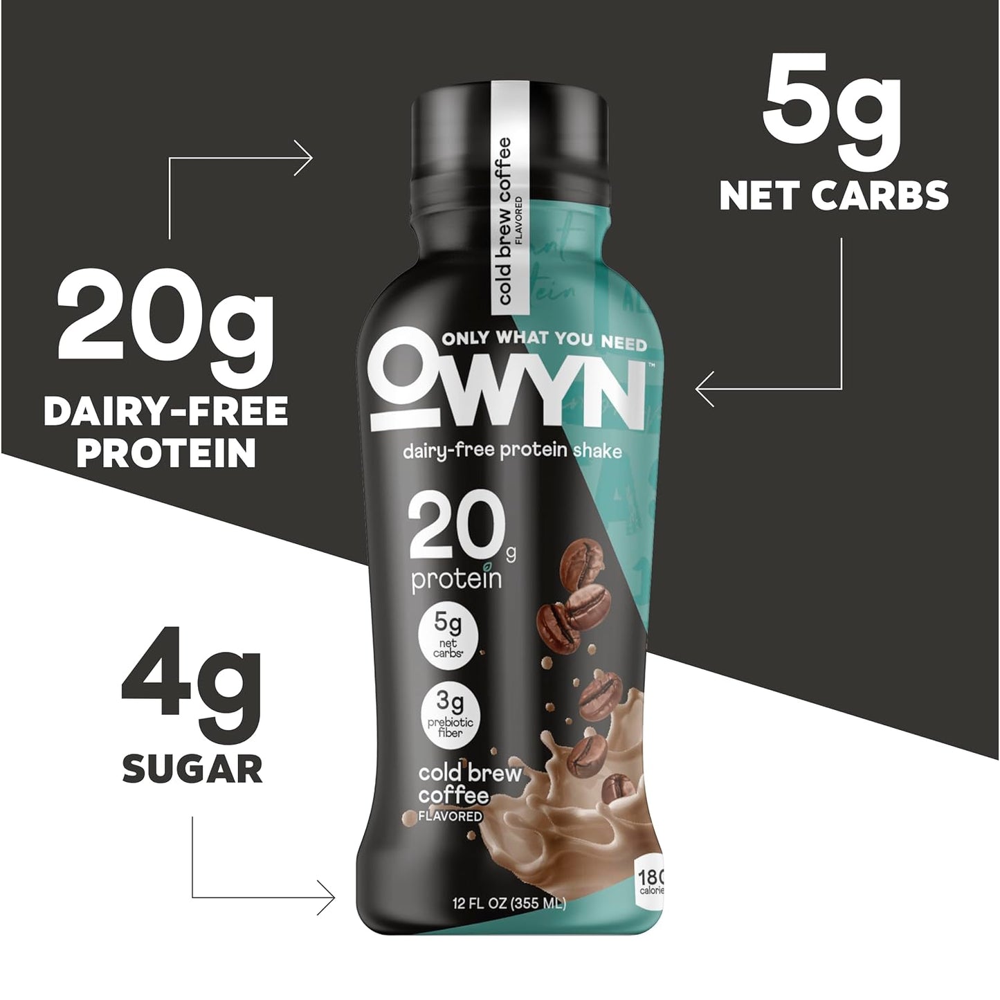 OWYN Only What You Need Dark Chocolate Flavored Protein Shake, 20g Protein, 4g Sugar, 3g Fiber, Dairy Free, Plant Based Protein Drink 12 Count