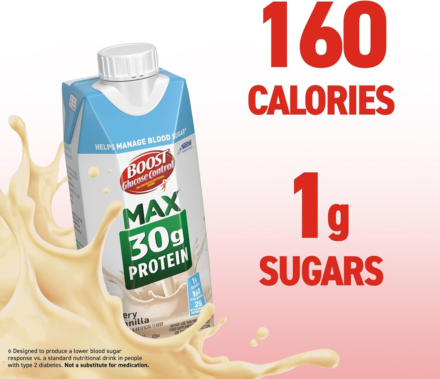 BOOST Glucose Control Max 30g Protein Nutritional Drink, Very Vanilla, 11 Fl Oz (Pack of 12), Packaging May Vary