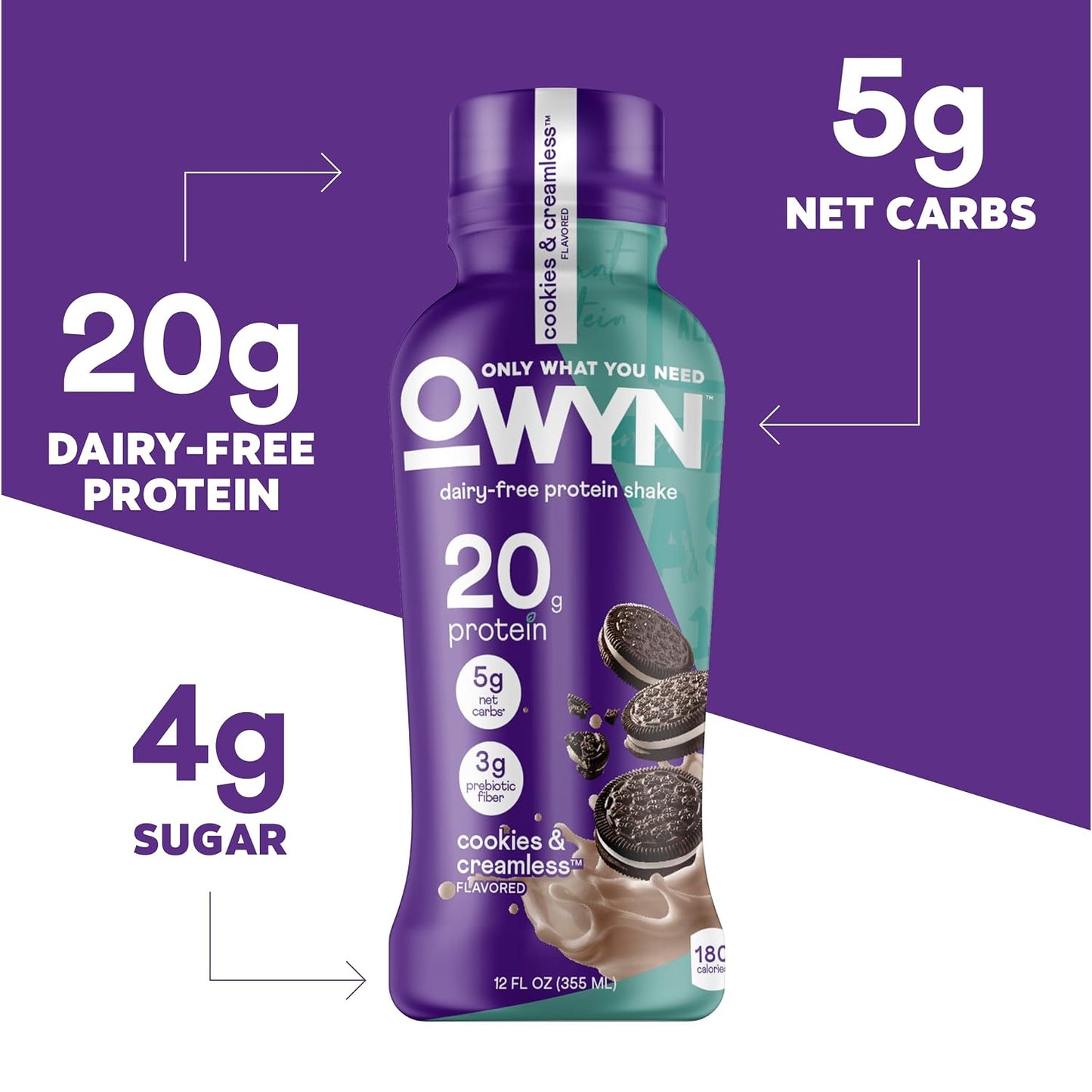 OWYN Only What You Need Dark Chocolate Flavored Protein Shake, 20g Protein, 4g Sugar, 3g Fiber, Dairy Free, Plant Based Protein Drink 12 Count