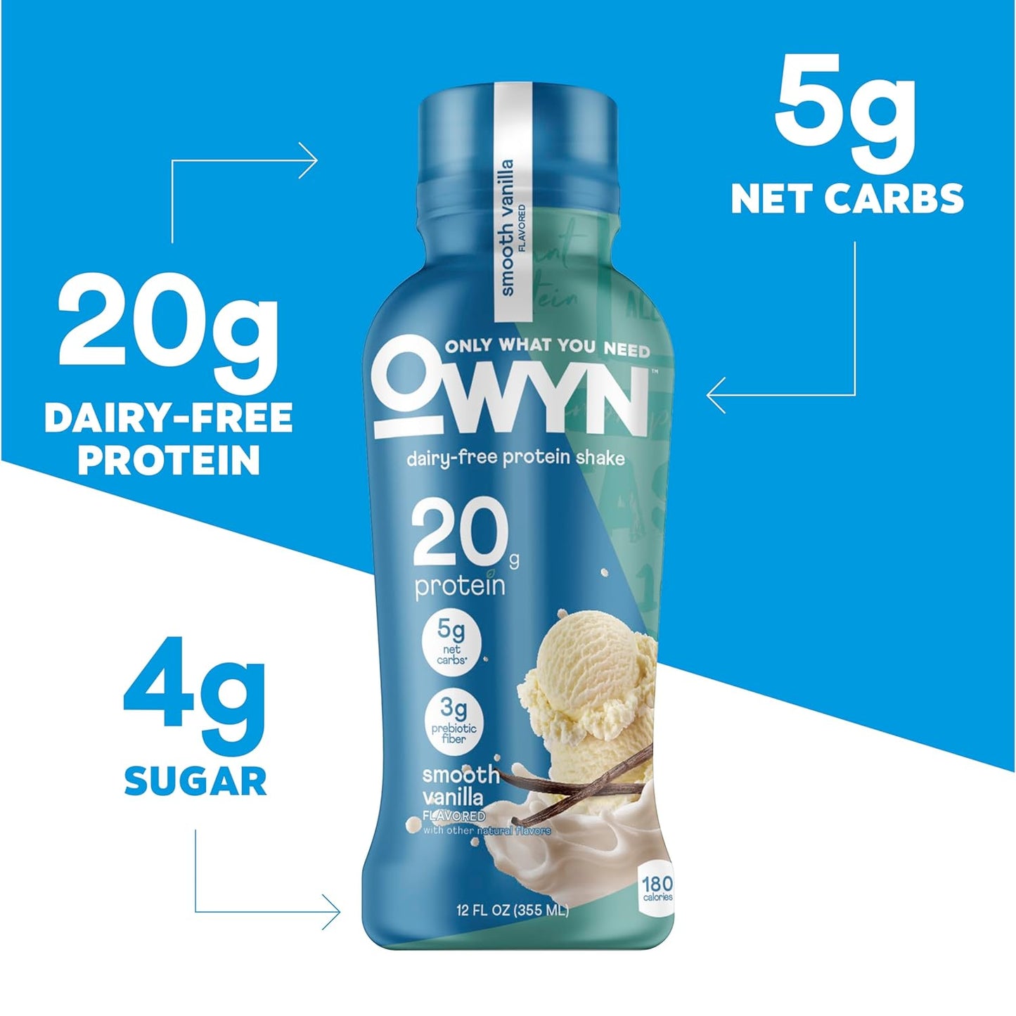 OWYN Only What You Need Dark Chocolate Flavored Protein Shake, 20g Protein, 4g Sugar, 3g Fiber, Dairy Free, Plant Based Protein Drink 12 Count