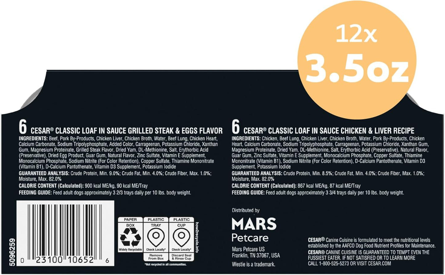 Cesar Classic Loaf in Sauce Wet Dog Food, Meaty Selects, 3.5 oz, 24 Count | Made in USA, Real beef or chicken #1 ingredient, no fillers or artificial flavors, slow-cooked, easy peel trays