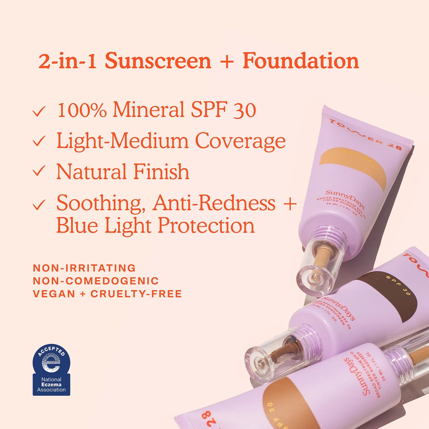 Tower 28 SunnyDays SPF 30 Tinted Moisturizer - 2-in-1 Buildable Coverage Foundation + Mineral Sunscreen for Face - Zinc Oxide, Aloe & Prickly Pear for Sensitive Skin - 13 Light/Neutral (1 oz)