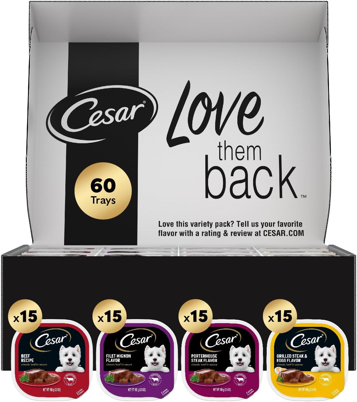 Cesar Classic Loaf in Sauce Wet Dog Food, Meaty Selects, 3.5 oz, 24 Count | Made in USA, Real beef or chicken #1 ingredient, no fillers or artificial flavors, slow-cooked, easy peel trays