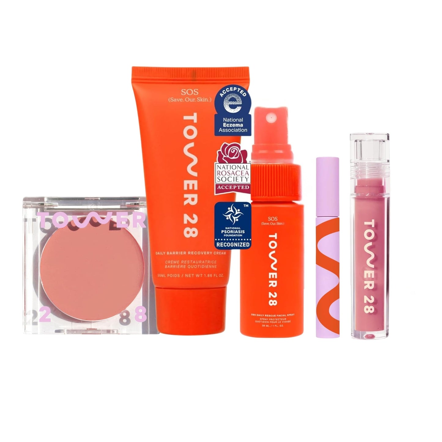 Tower 28 Best Sellers Makeup + Skin Care Set - SOS Daily Rescue Facial Spray, SOS Face Cream, MakeWaves Mascara in Jet, ShineOn Lip Gloss in Pistachio + BeachPlease Cream Blush in Magic Hour (5 Count)