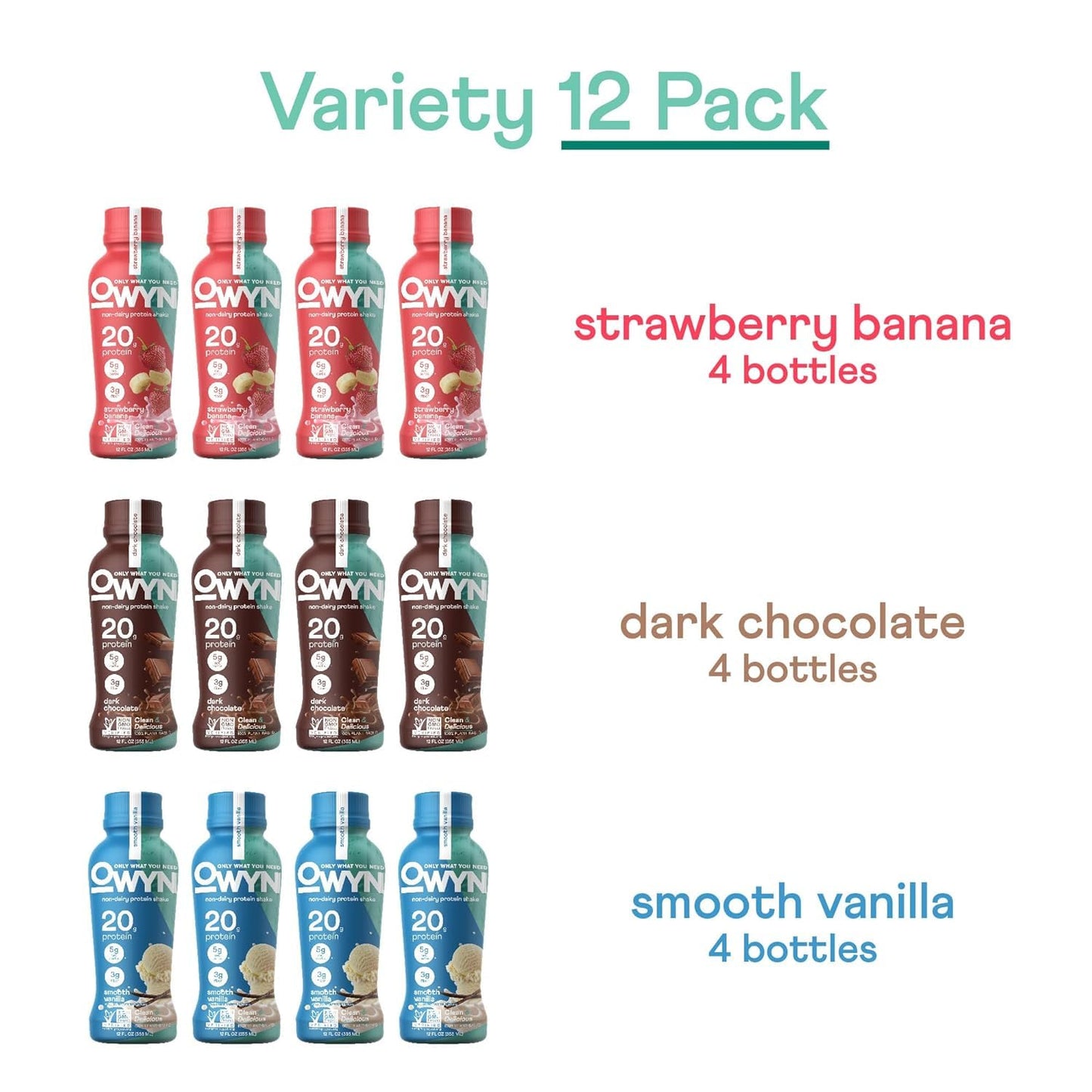 OWYN Only What You Need Dark Chocolate Flavored Protein Shake, 20g Protein, 4g Sugar, 3g Fiber, Dairy Free, Plant Based Protein Drink 12 Count