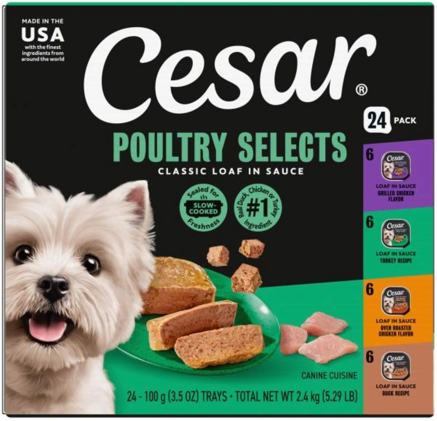 Cesar Classic Loaf in Sauce Wet Dog Food, Meaty Selects, 3.5 oz, 24 Count | Made in USA, Real beef or chicken #1 ingredient, no fillers or artificial flavors, slow-cooked, easy peel trays