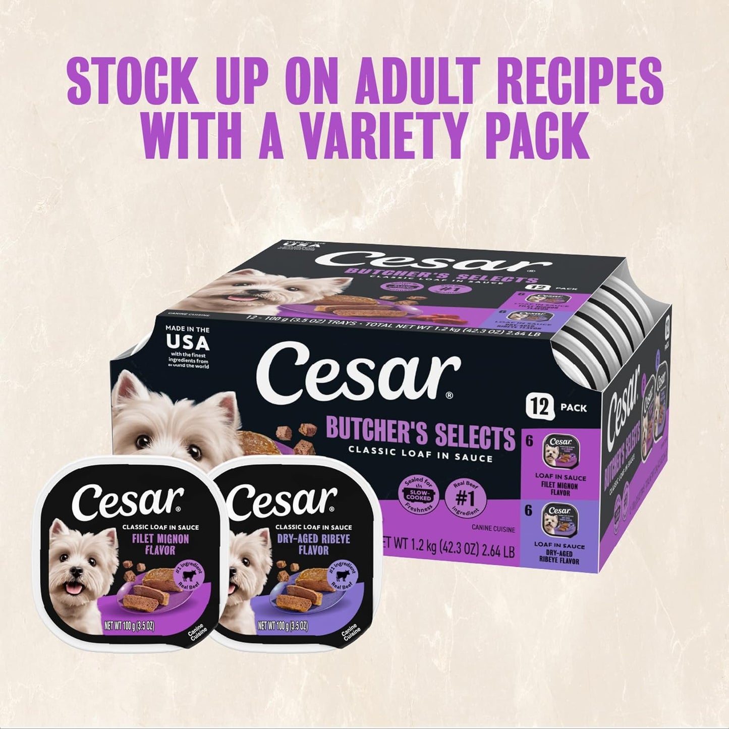 Cesar Classic Loaf in Sauce Wet Dog Food, Meaty Selects, 3.5 oz, 24 Count | Made in USA, Real beef or chicken #1 ingredient, no fillers or artificial flavors, slow-cooked, easy peel trays