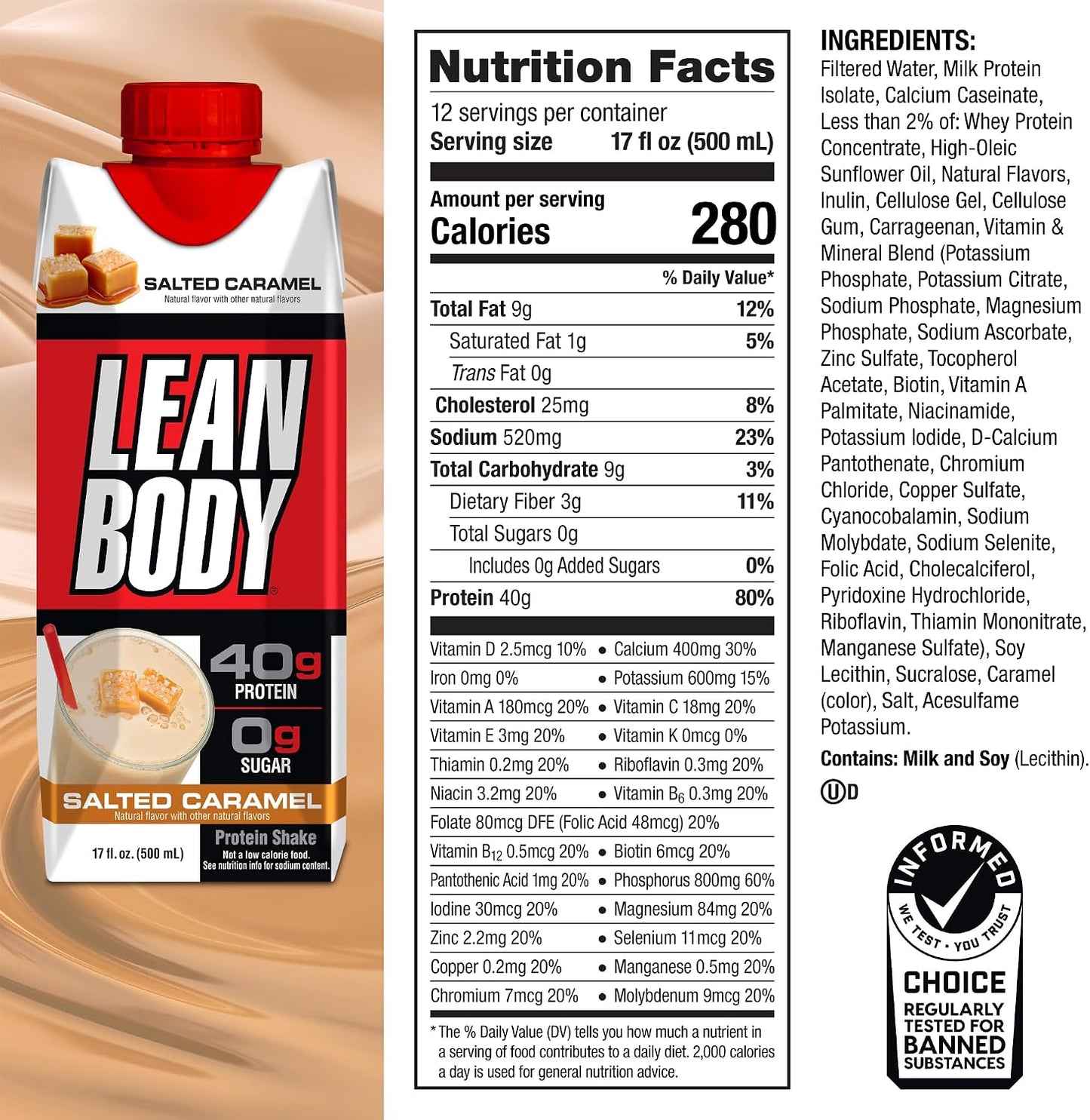 Labrada Lean Body Ready-to-Drink Chocolate Protein Shake, 40g Protein, Whey Blend, 0 Sugar, Gluten Free, 22 Vitamins & Minerals, LABRADA, 17 Fl Oz (Pack of 12)