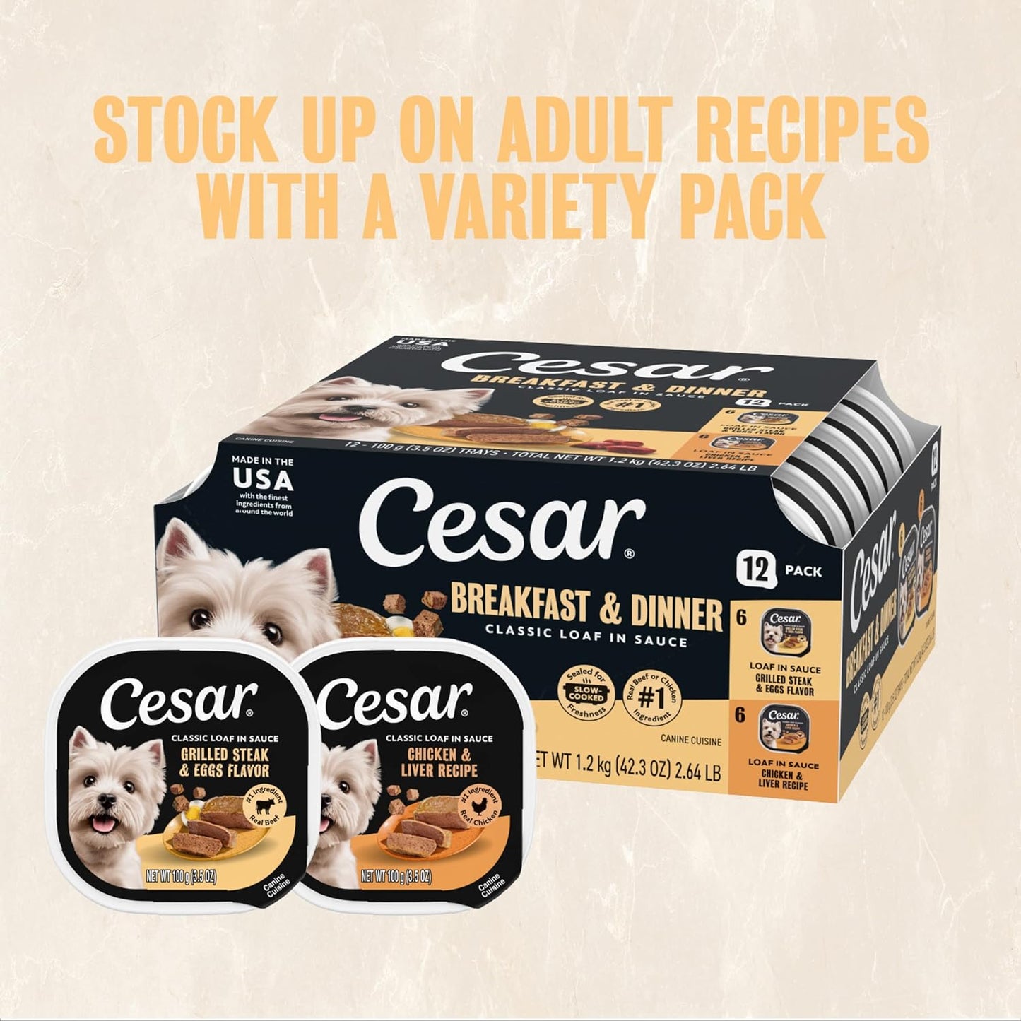 Cesar Classic Loaf in Sauce Wet Dog Food, Meaty Selects, 3.5 oz, 24 Count | Made in USA, Real beef or chicken #1 ingredient, no fillers or artificial flavors, slow-cooked, easy peel trays