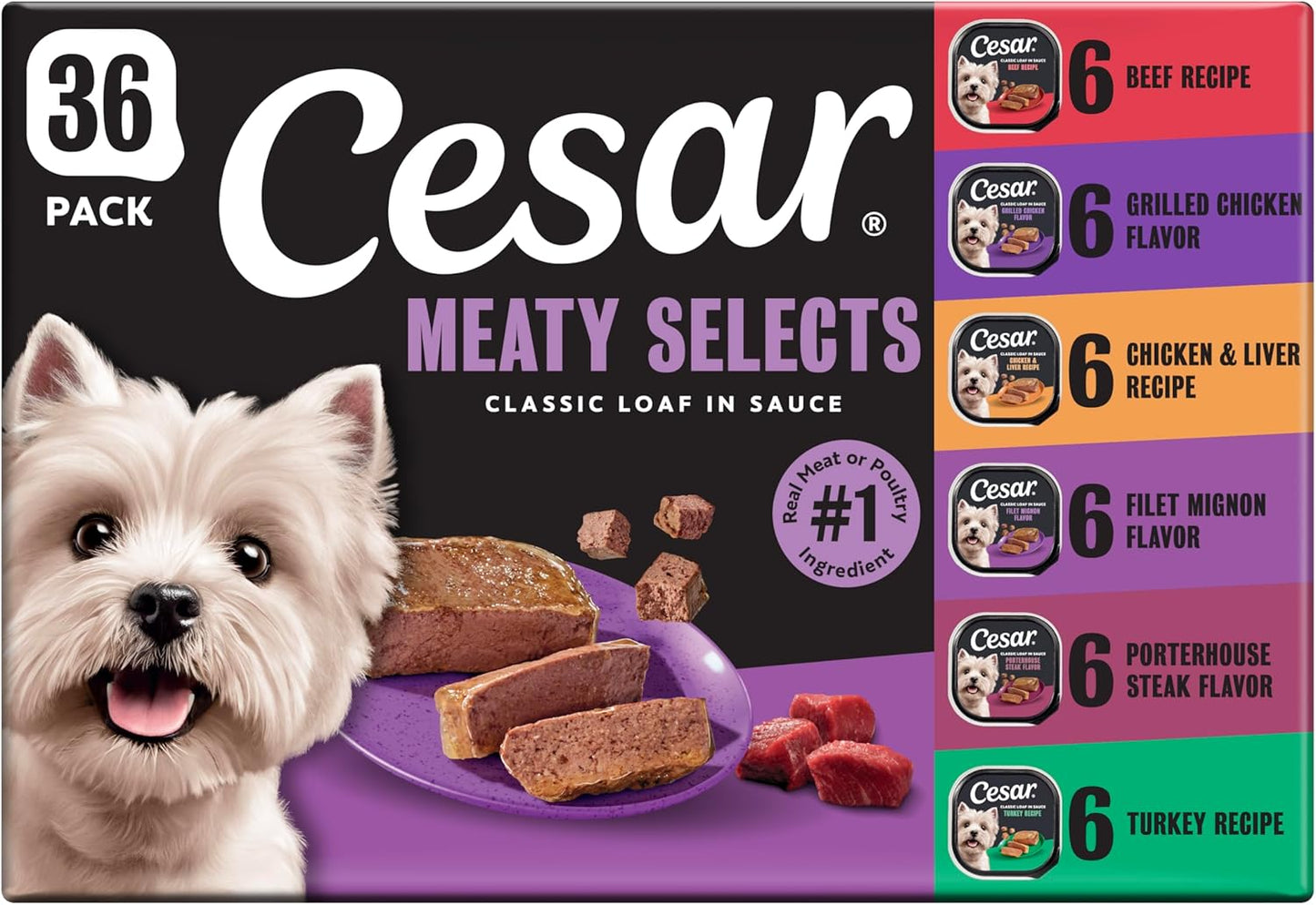 Cesar Classic Loaf in Sauce Wet Dog Food, Meaty Selects, 3.5 oz, 24 Count | Made in USA, Real beef or chicken #1 ingredient, no fillers or artificial flavors, slow-cooked, easy peel trays
