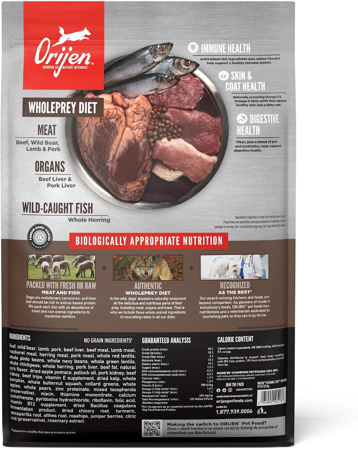 ORIJEN Grain Free WHOLEPREY Dry Dog Food Original Recipe 4.5lb. Bag | WHOLEPREY Ingredients, Grain Free, Made in the USA, Skin & Coat, Global Quality Ingredients