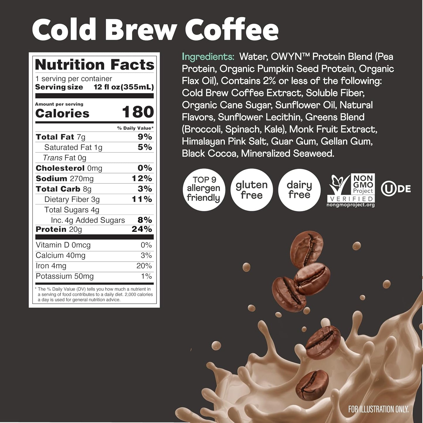 OWYN Only What You Need Dark Chocolate Flavored Protein Shake, 20g Protein, 4g Sugar, 3g Fiber, Dairy Free, Plant Based Protein Drink 12 Count
