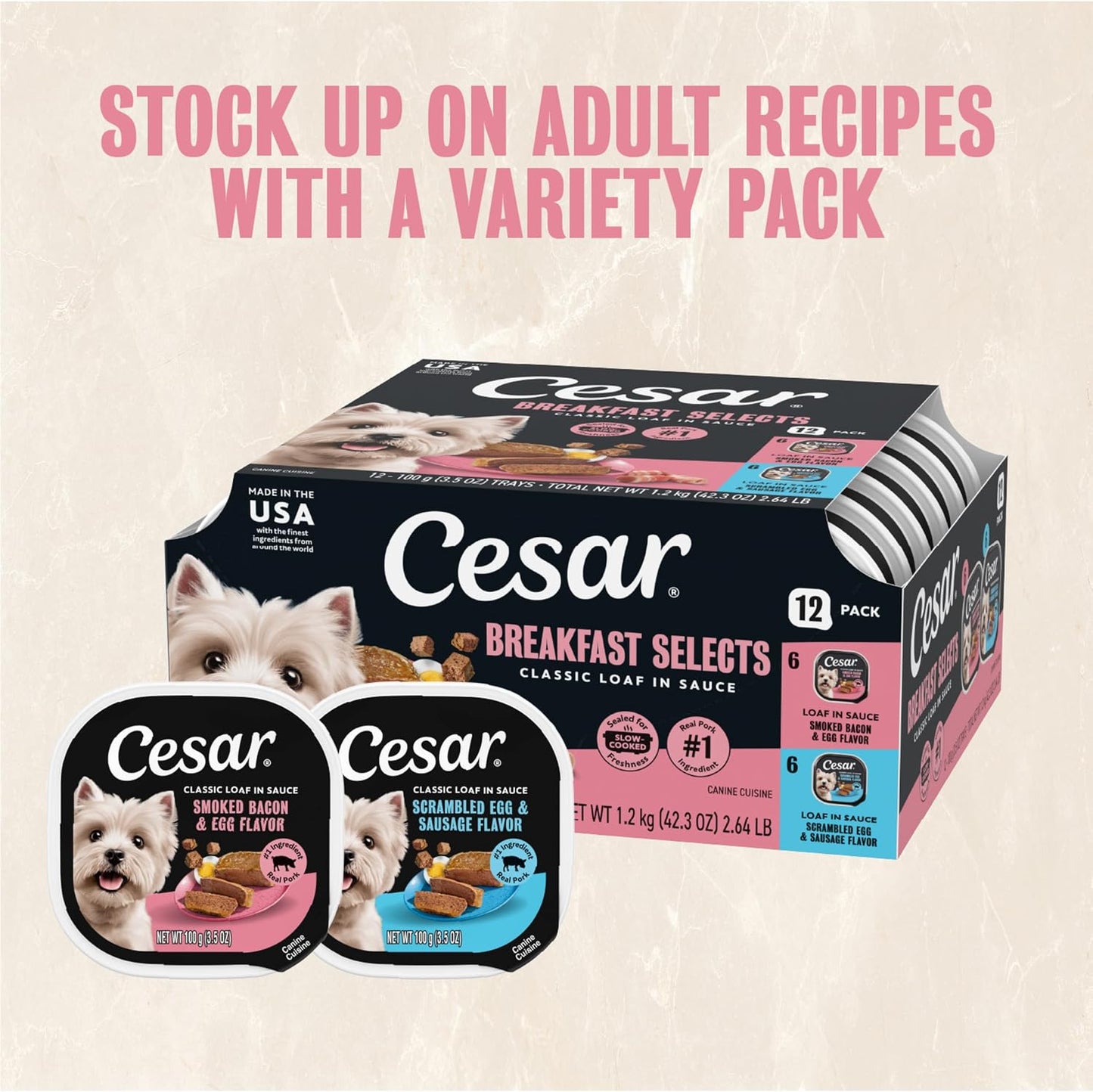 Cesar Classic Loaf in Sauce Wet Dog Food, Meaty Selects, 3.5 oz, 24 Count | Made in USA, Real beef or chicken #1 ingredient, no fillers or artificial flavors, slow-cooked, easy peel trays