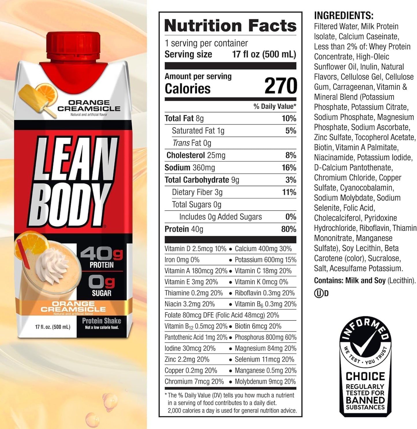 Labrada Lean Body Ready-to-Drink Chocolate Protein Shake, 40g Protein, Whey Blend, 0 Sugar, Gluten Free, 22 Vitamins & Minerals, LABRADA, 17 Fl Oz (Pack of 12)