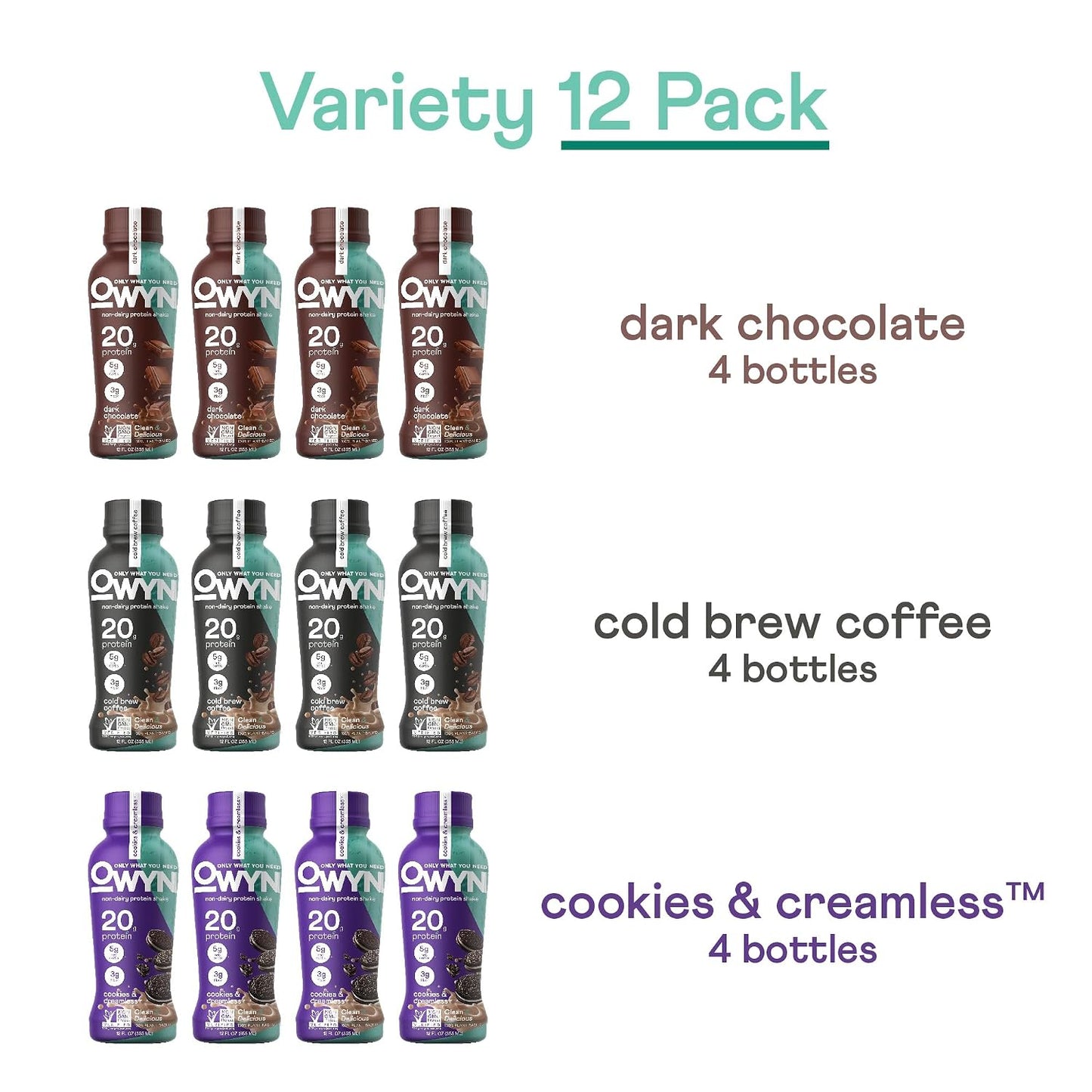 OWYN Only What You Need Dark Chocolate Flavored Protein Shake, 20g Protein, 4g Sugar, 3g Fiber, Dairy Free, Plant Based Protein Drink 12 Count