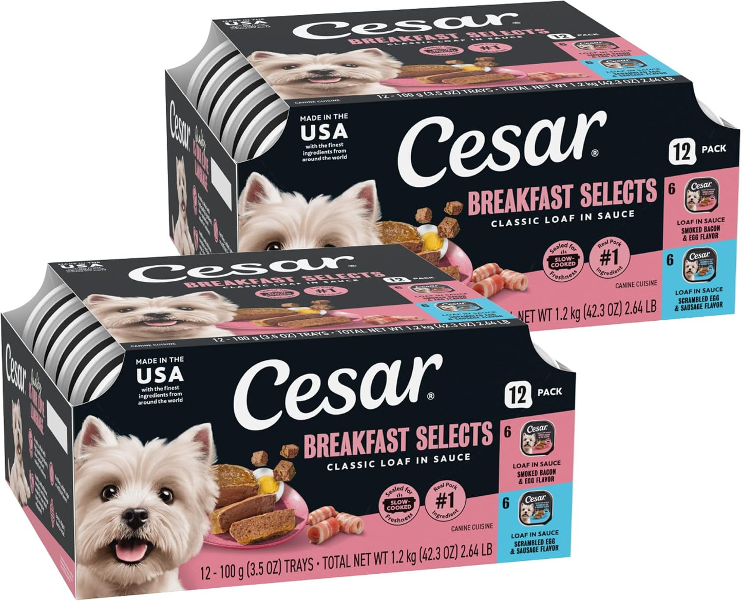 Cesar Classic Loaf in Sauce Wet Dog Food, Meaty Selects, 3.5 oz, 24 Count | Made in USA, Real beef or chicken #1 ingredient, no fillers or artificial flavors, slow-cooked, easy peel trays