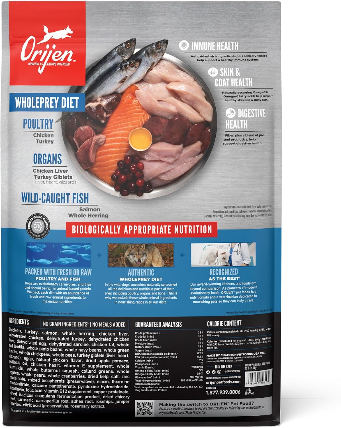 ORIJEN Grain Free WHOLEPREY Dry Dog Food Original Recipe 4.5lb. Bag | WHOLEPREY Ingredients, Grain Free, Made in the USA, Skin & Coat, Global Quality Ingredients
