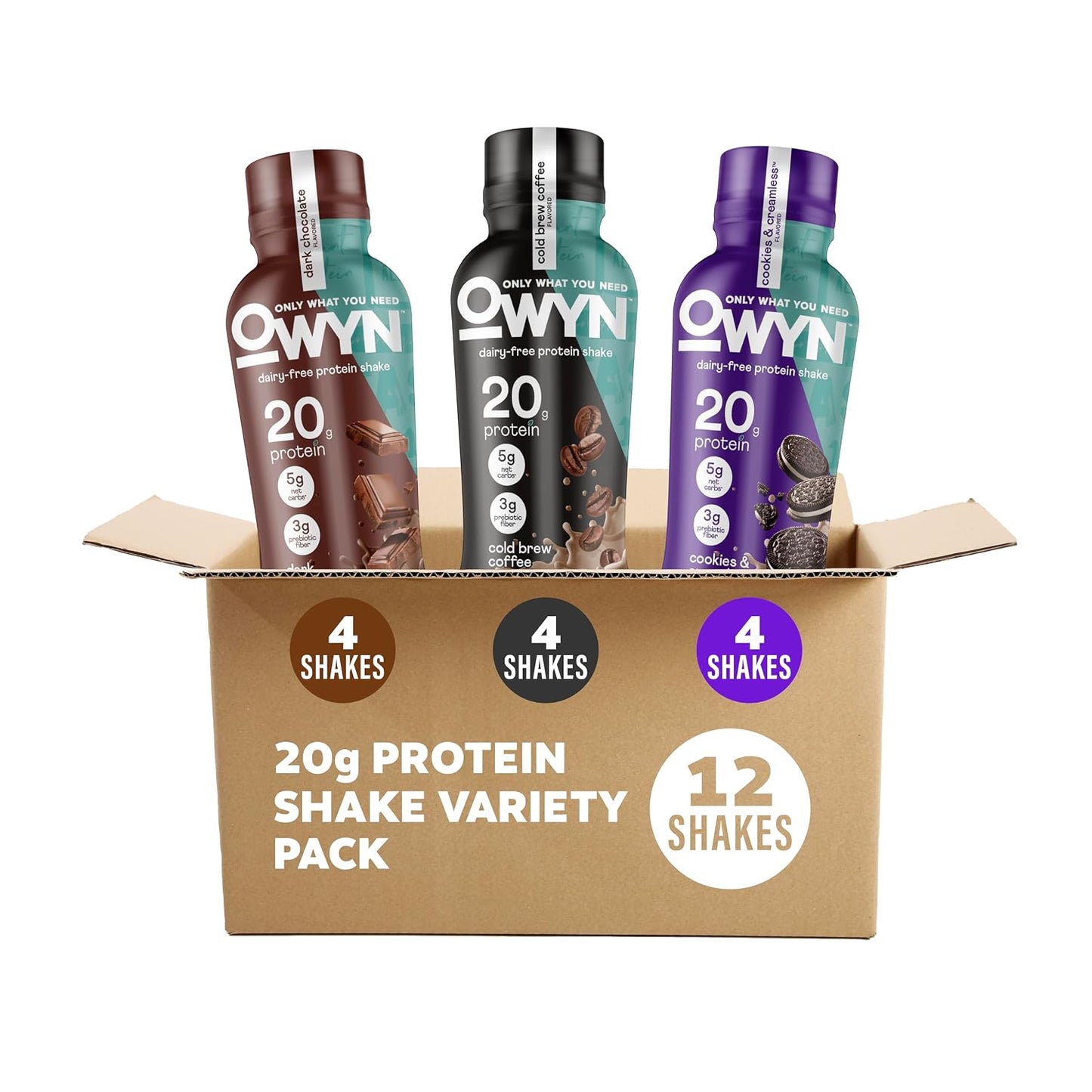 OWYN Only What You Need Dark Chocolate Flavored Protein Shake, 20g Protein, 4g Sugar, 3g Fiber, Dairy Free, Plant Based Protein Drink 12 Count