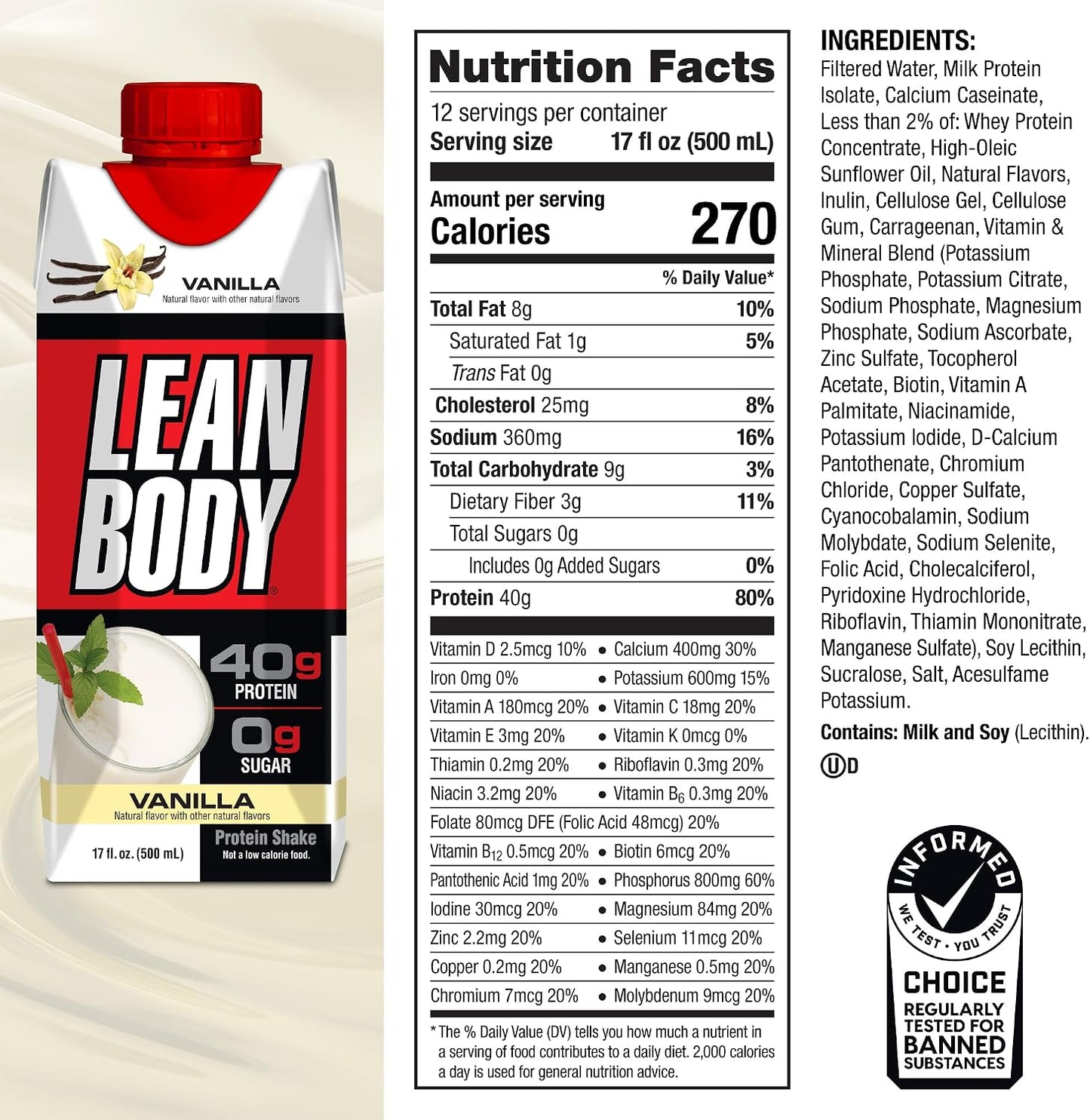 Labrada Lean Body Ready-to-Drink Chocolate Protein Shake, 40g Protein, Whey Blend, 0 Sugar, Gluten Free, 22 Vitamins & Minerals, LABRADA, 17 Fl Oz (Pack of 12)