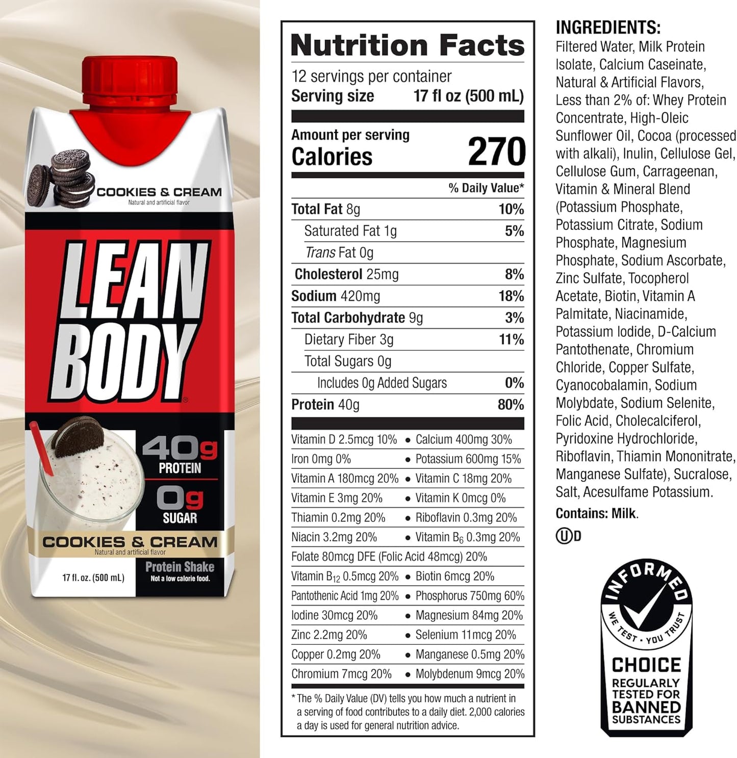 Labrada Lean Body Ready-to-Drink Chocolate Protein Shake, 40g Protein, Whey Blend, 0 Sugar, Gluten Free, 22 Vitamins & Minerals, LABRADA, 17 Fl Oz (Pack of 12)