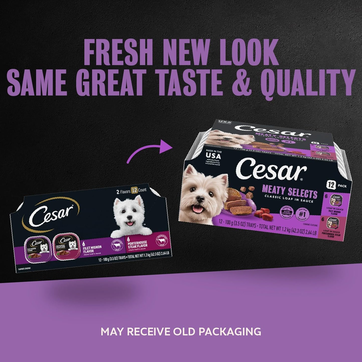 Cesar Classic Loaf in Sauce Wet Dog Food, Meaty Selects, 3.5 oz, 24 Count | Made in USA, Real beef or chicken #1 ingredient, no fillers or artificial flavors, slow-cooked, easy peel trays