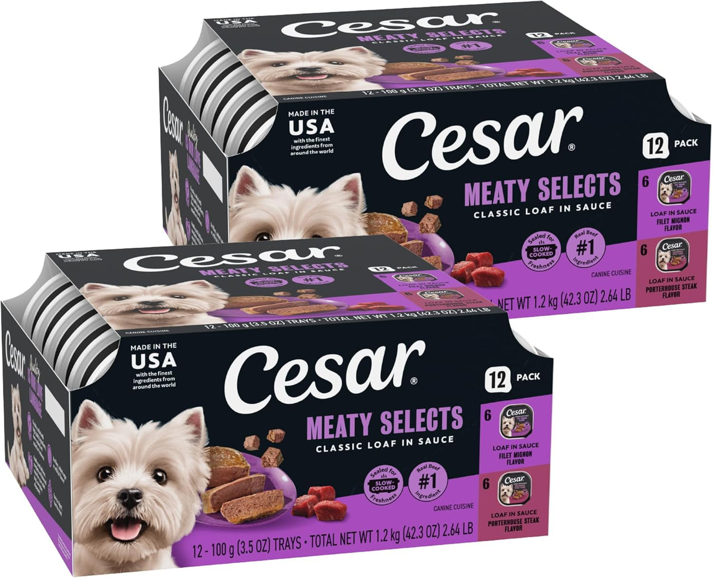 Cesar Classic Loaf in Sauce Wet Dog Food, Meaty Selects, 3.5 oz, 24 Count | Made in USA, Real beef or chicken #1 ingredient, no fillers or artificial flavors, slow-cooked, easy peel trays