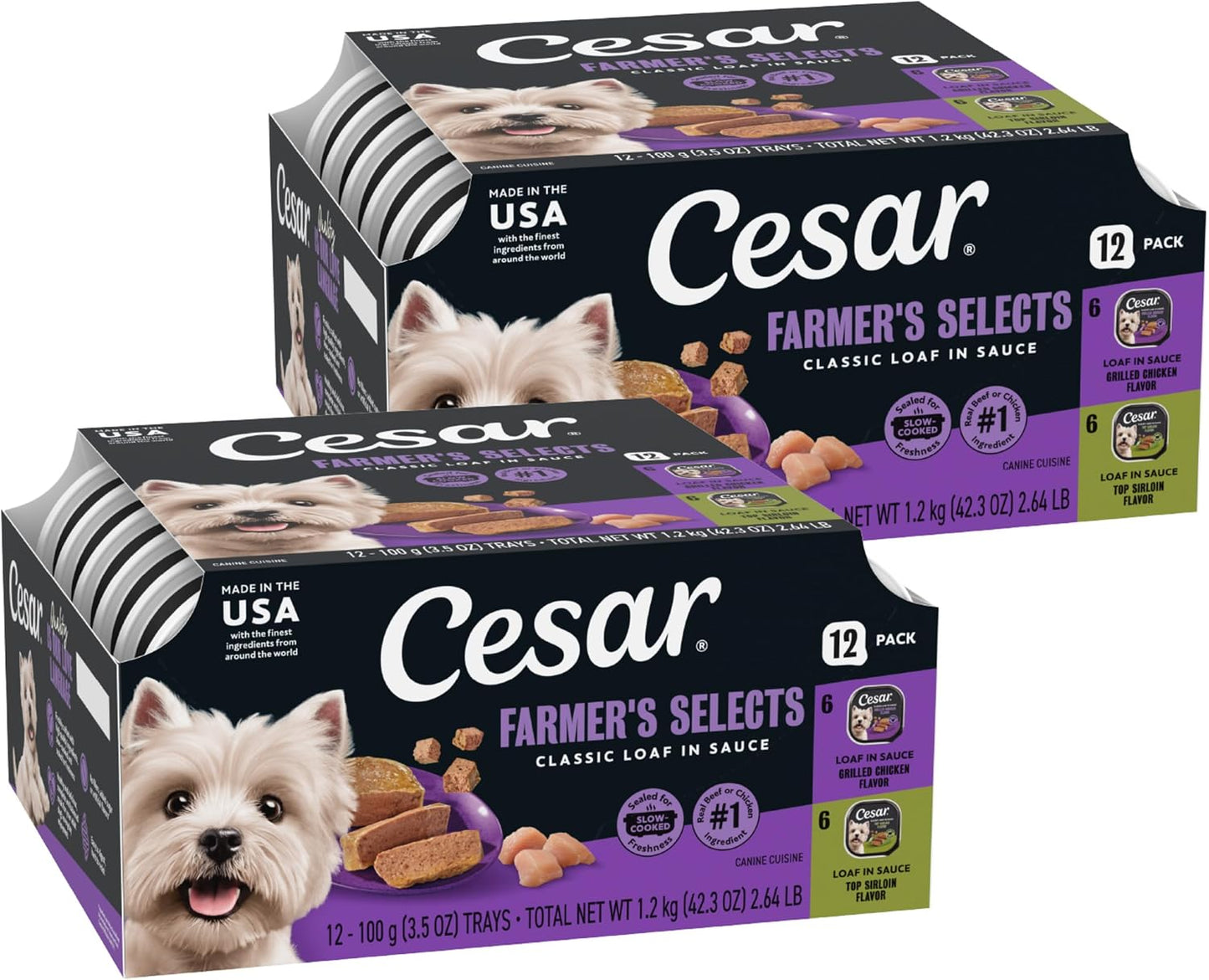 Cesar Classic Loaf in Sauce Wet Dog Food, Meaty Selects, 3.5 oz, 24 Count | Made in USA, Real beef or chicken #1 ingredient, no fillers or artificial flavors, slow-cooked, easy peel trays
