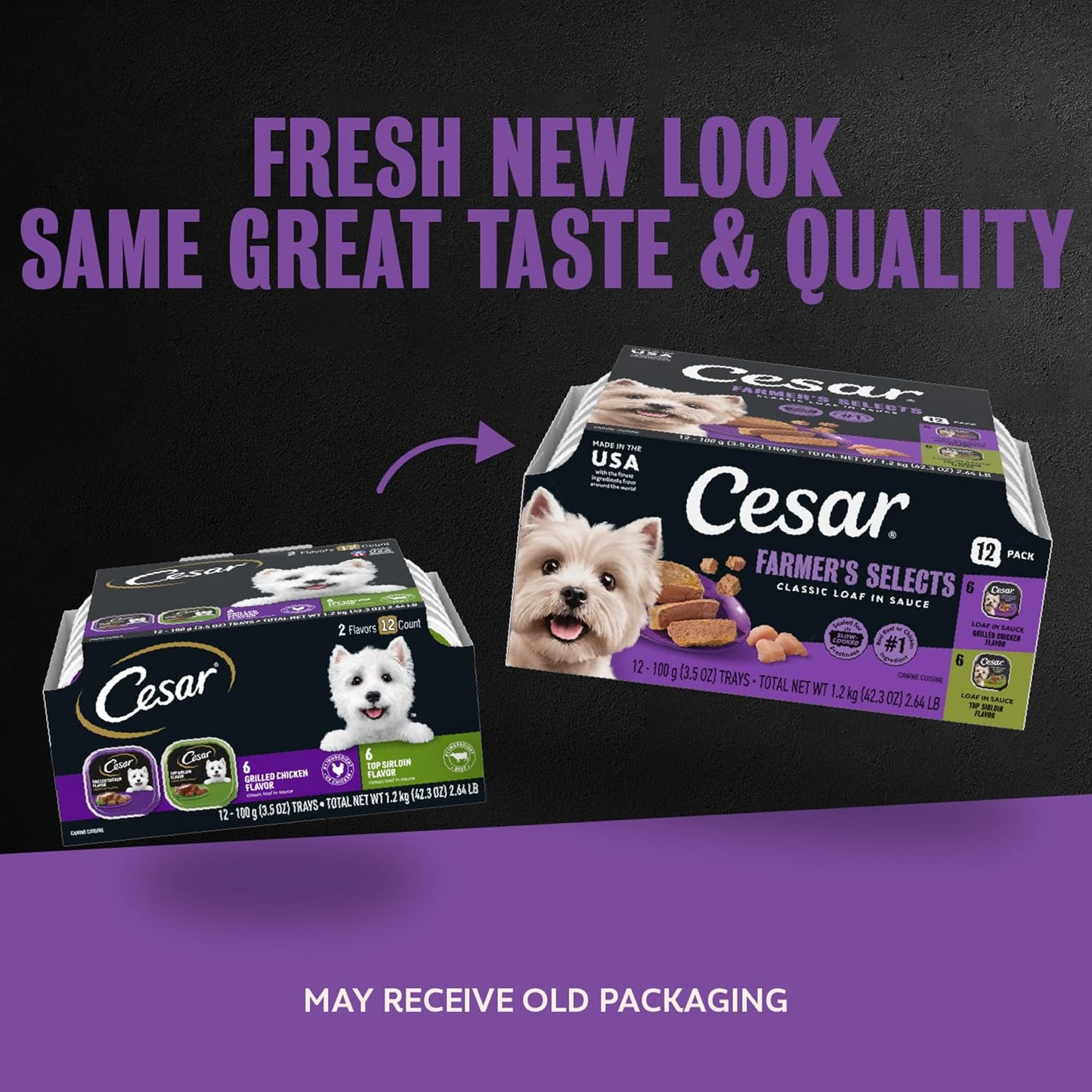 Cesar Classic Loaf in Sauce Wet Dog Food, Meaty Selects, 3.5 oz, 24 Count | Made in USA, Real beef or chicken #1 ingredient, no fillers or artificial flavors, slow-cooked, easy peel trays