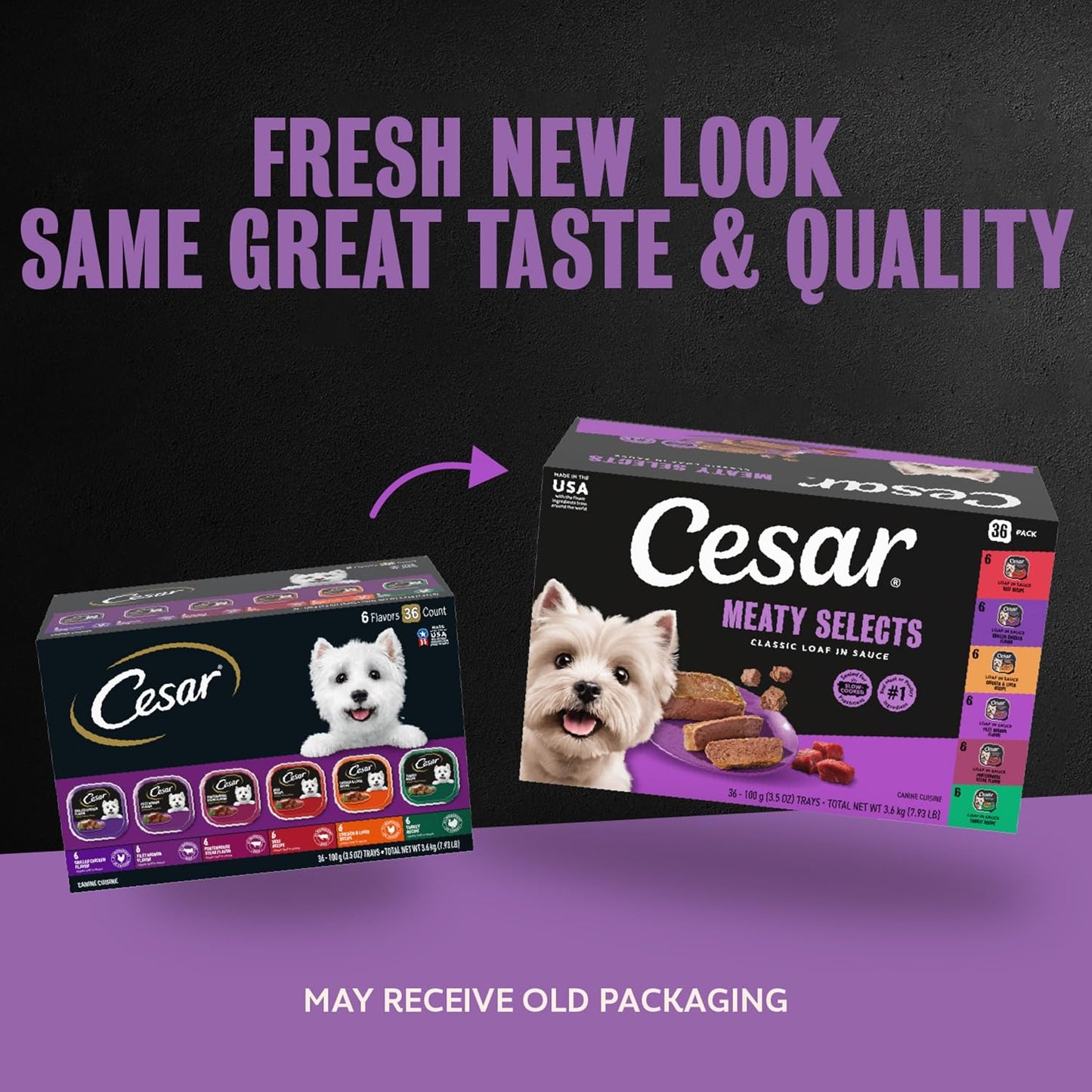 Cesar Classic Loaf in Sauce Wet Dog Food, Meaty Selects, 3.5 oz, 24 Count | Made in USA, Real beef or chicken #1 ingredient, no fillers or artificial flavors, slow-cooked, easy peel trays