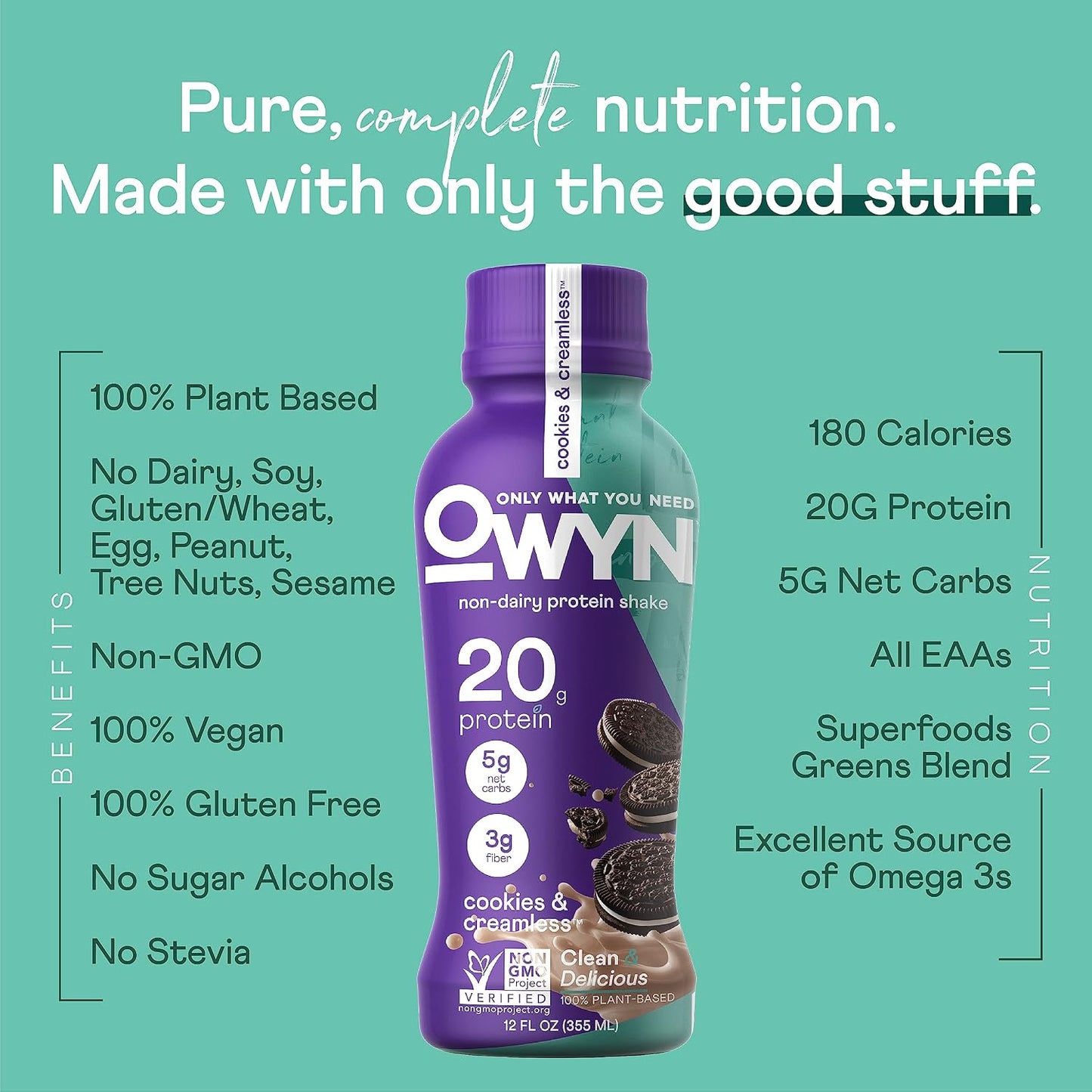 OWYN Only What You Need Dark Chocolate Flavored Protein Shake, 20g Protein, 4g Sugar, 3g Fiber, Dairy Free, Plant Based Protein Drink 12 Count
