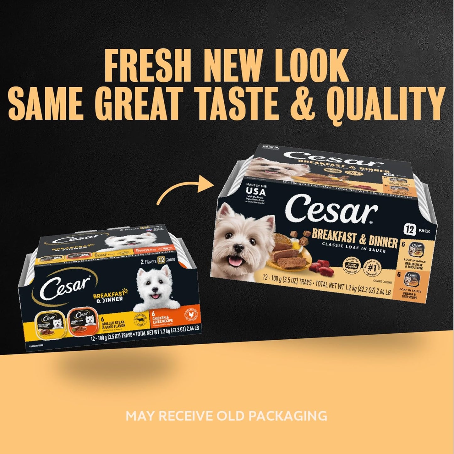 Cesar Classic Loaf in Sauce Wet Dog Food, Meaty Selects, 3.5 oz, 24 Count | Made in USA, Real beef or chicken #1 ingredient, no fillers or artificial flavors, slow-cooked, easy peel trays
