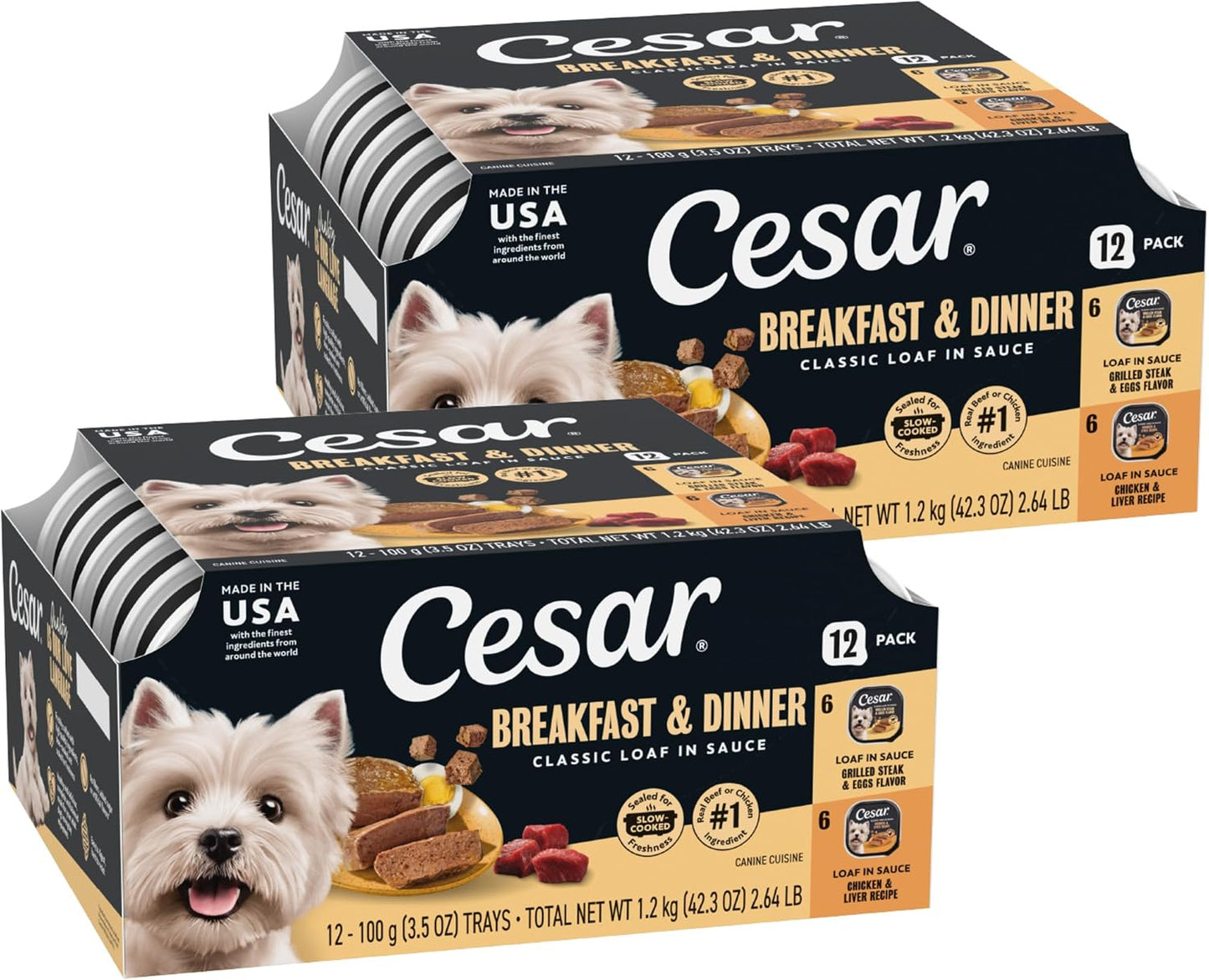 Cesar Classic Loaf in Sauce Wet Dog Food, Meaty Selects, 3.5 oz, 24 Count | Made in USA, Real beef or chicken #1 ingredient, no fillers or artificial flavors, slow-cooked, easy peel trays