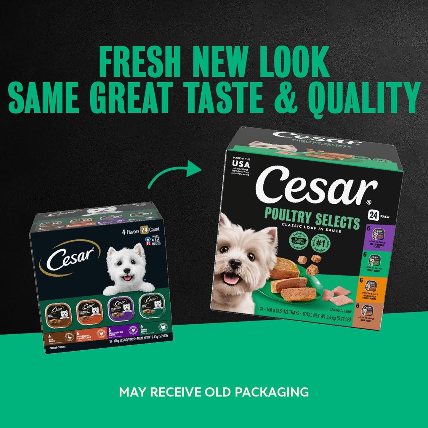 Cesar Classic Loaf in Sauce Wet Dog Food, Meaty Selects, 3.5 oz, 24 Count | Made in USA, Real beef or chicken #1 ingredient, no fillers or artificial flavors, slow-cooked, easy peel trays