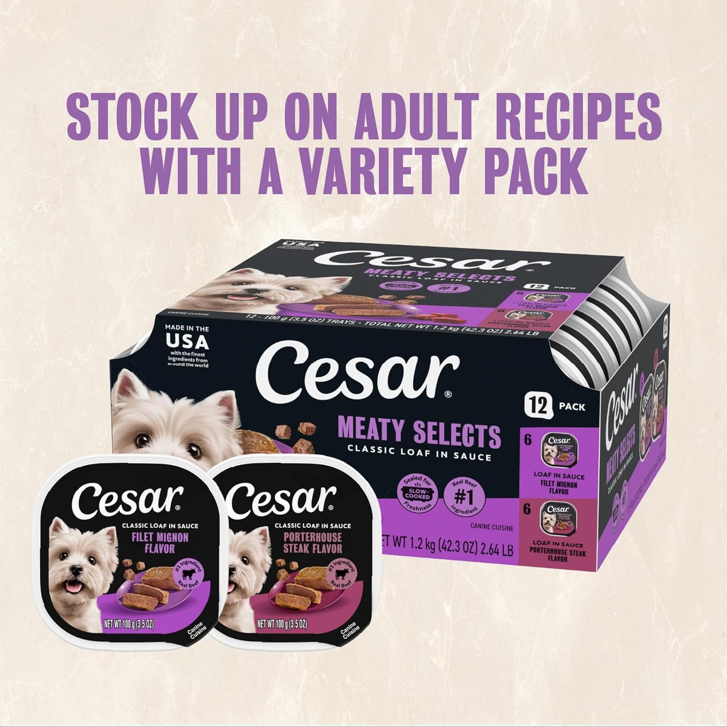 Cesar Classic Loaf in Sauce Wet Dog Food, Meaty Selects, 3.5 oz, 24 Count | Made in USA, Real beef or chicken #1 ingredient, no fillers or artificial flavors, slow-cooked, easy peel trays