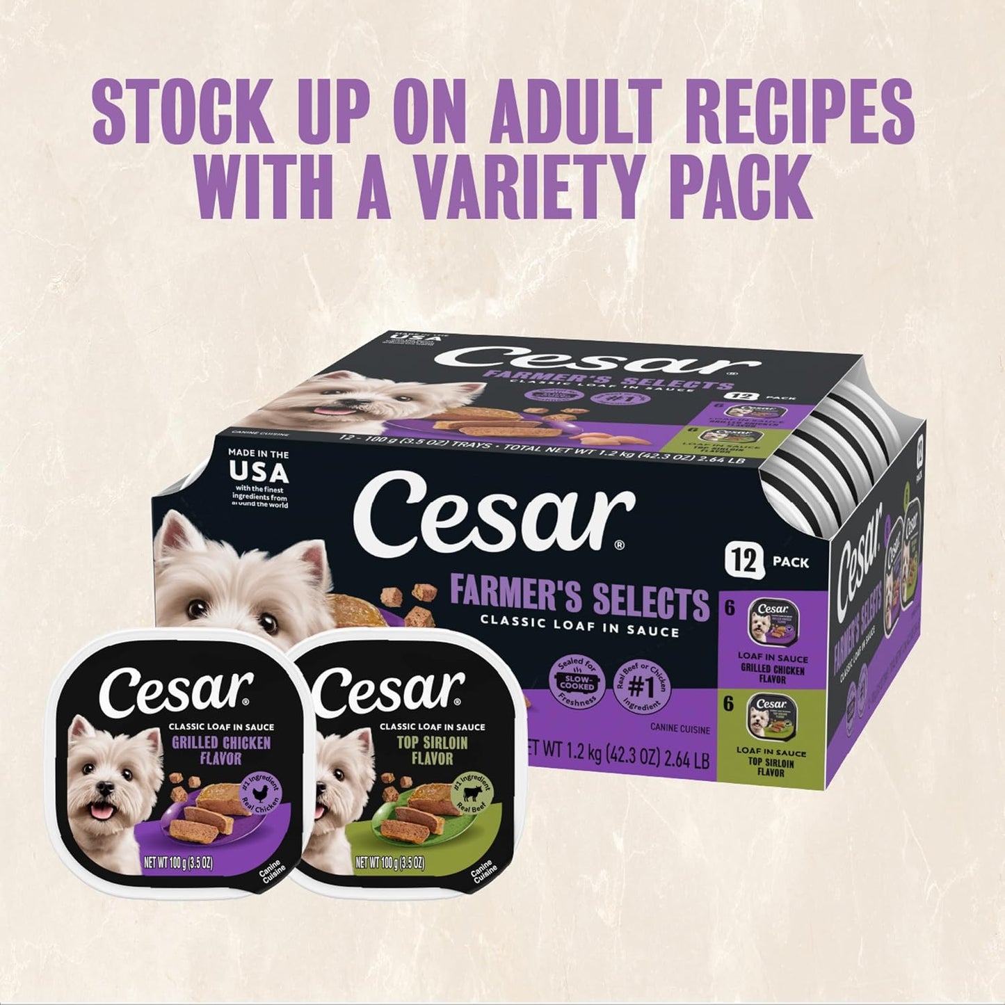 Cesar Classic Loaf in Sauce Wet Dog Food, Meaty Selects, 3.5 oz, 24 Count | Made in USA, Real beef or chicken #1 ingredient, no fillers or artificial flavors, slow-cooked, easy peel trays