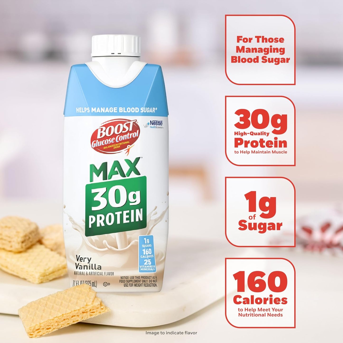 BOOST Glucose Control Max 30g Protein Nutritional Drink, Very Vanilla, 11 Fl Oz (Pack of 12), Packaging May Vary