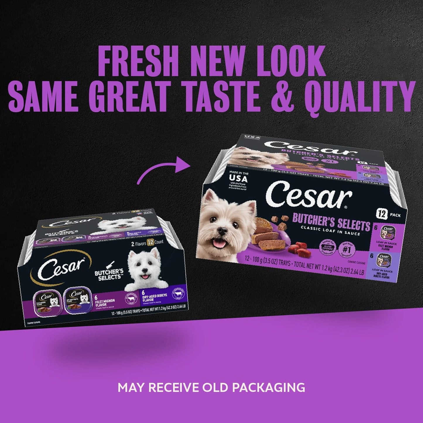 Cesar Classic Loaf in Sauce Wet Dog Food, Meaty Selects, 3.5 oz, 24 Count | Made in USA, Real beef or chicken #1 ingredient, no fillers or artificial flavors, slow-cooked, easy peel trays
