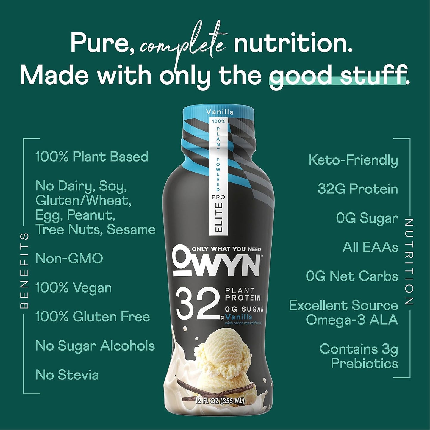 OWYN Only What You Need Dark Chocolate Flavored Protein Shake, 20g Protein, 4g Sugar, 3g Fiber, Dairy Free, Plant Based Protein Drink 12 Count