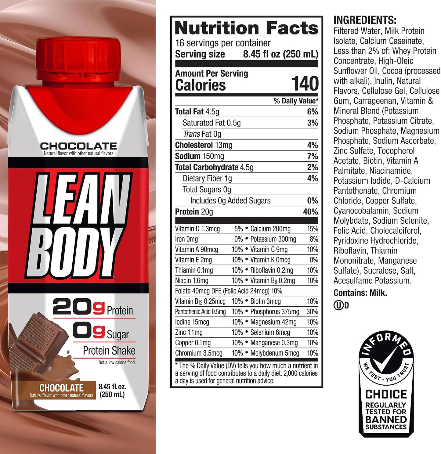 Labrada Lean Body Ready-to-Drink Chocolate Protein Shake, 40g Protein, Whey Blend, 0 Sugar, Gluten Free, 22 Vitamins & Minerals, LABRADA, 17 Fl Oz (Pack of 12)