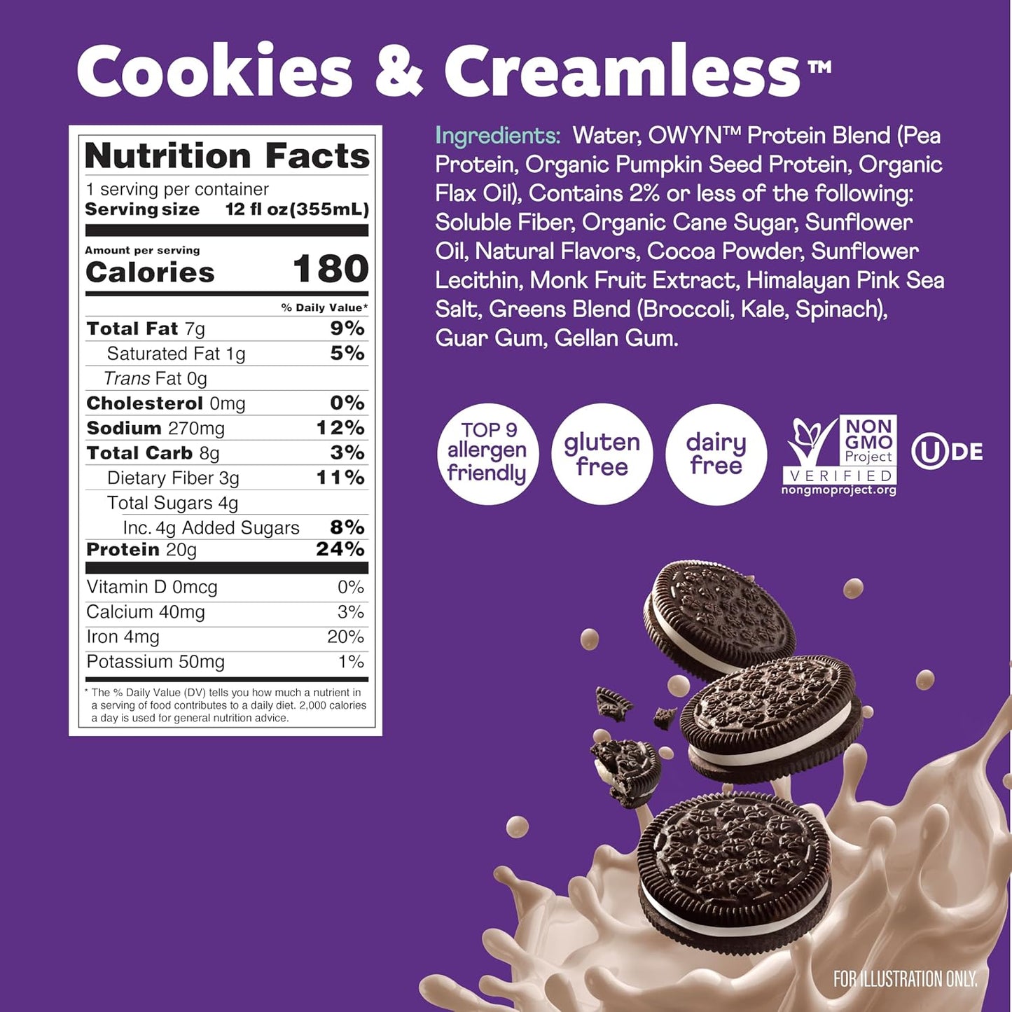 OWYN Only What You Need Dark Chocolate Flavored Protein Shake, 20g Protein, 4g Sugar, 3g Fiber, Dairy Free, Plant Based Protein Drink 12 Count
