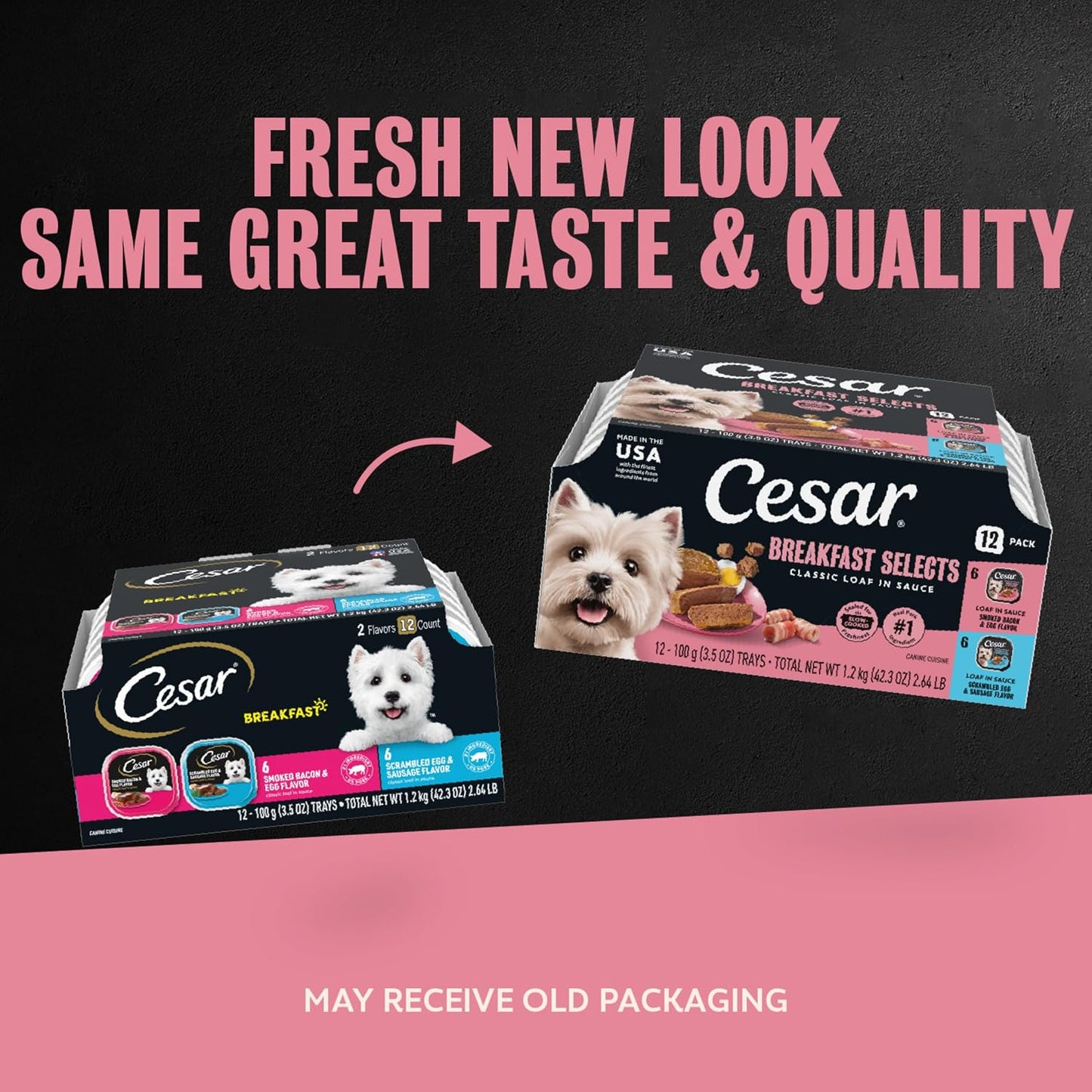 Cesar Classic Loaf in Sauce Wet Dog Food, Meaty Selects, 3.5 oz, 24 Count | Made in USA, Real beef or chicken #1 ingredient, no fillers or artificial flavors, slow-cooked, easy peel trays