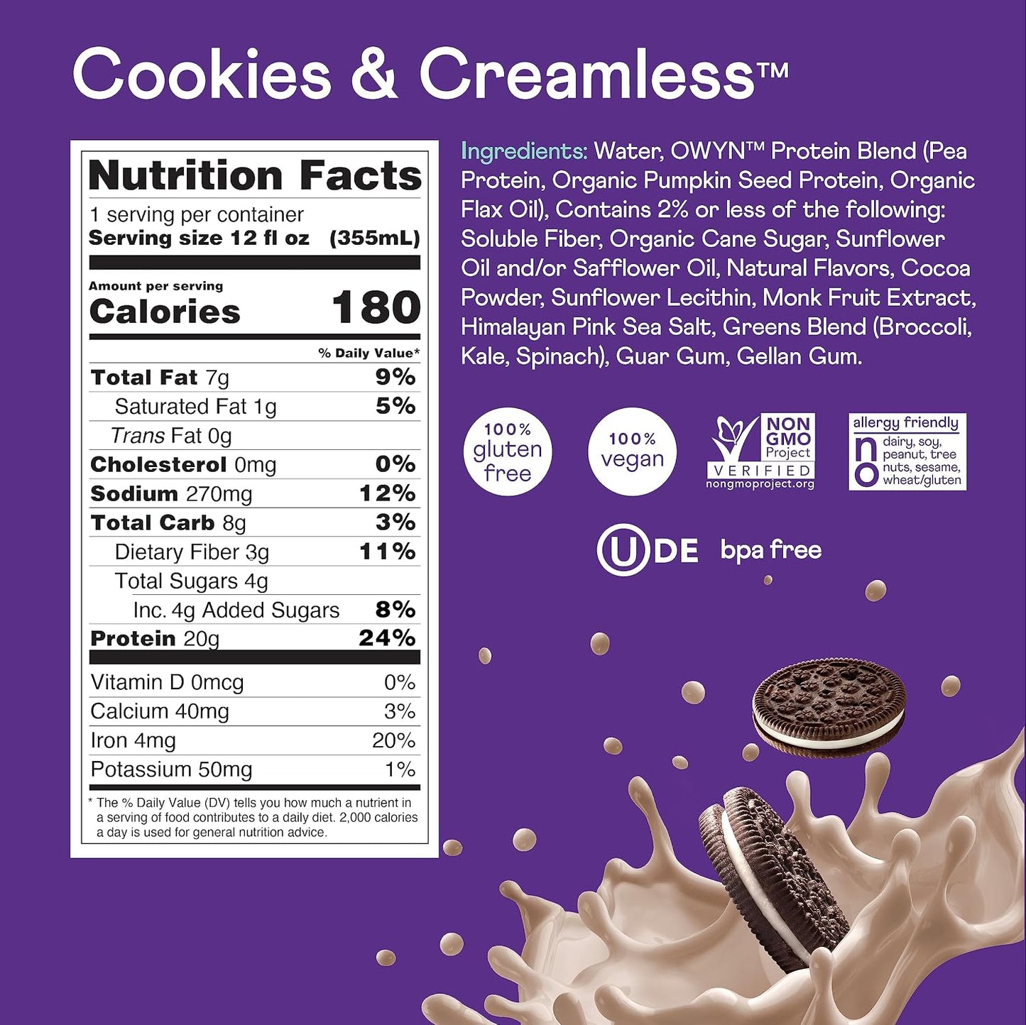 OWYN Only What You Need Dark Chocolate Flavored Protein Shake, 20g Protein, 4g Sugar, 3g Fiber, Dairy Free, Plant Based Protein Drink 12 Count